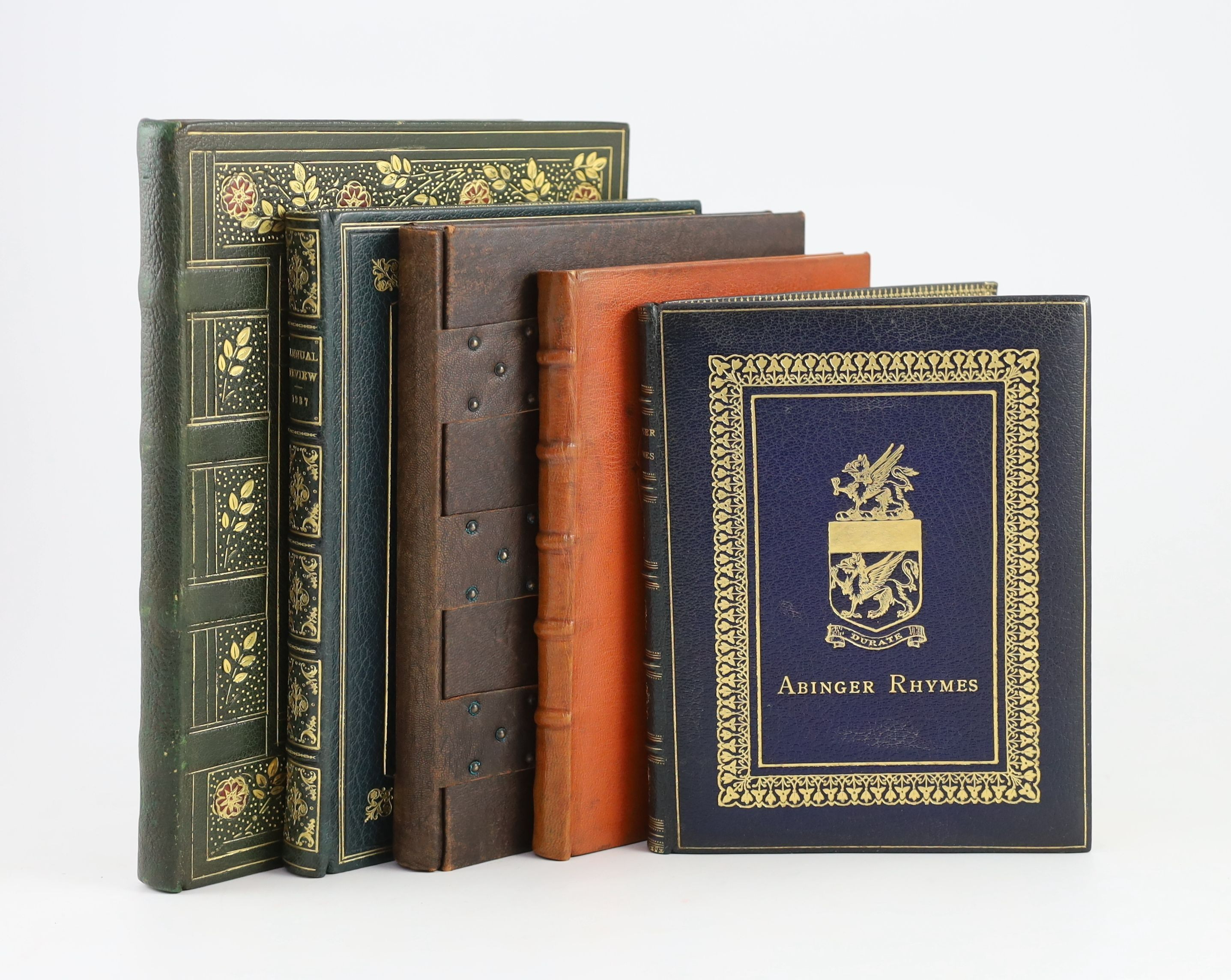 Fine bindings - 5 works - Thoms, William J (editor) - Early English Prose Romances, one of 500, 2 parts bound in 1, Robert the Deuyll and Robin Hood, illustrated by Harold Nelson, 4to, fine green morocco, with red and gi